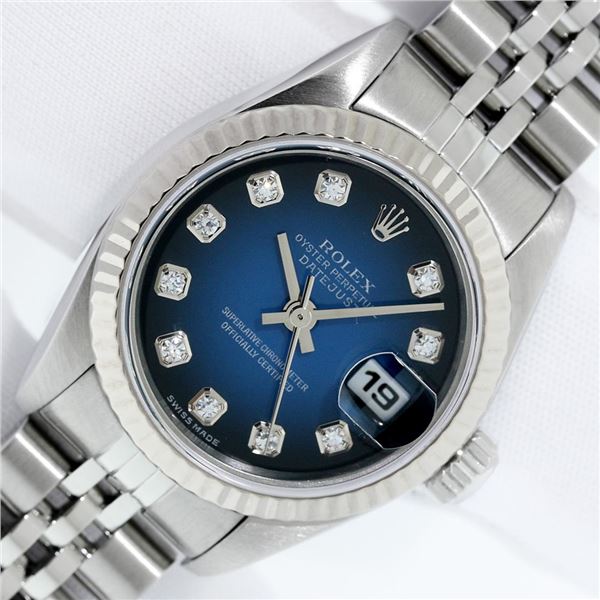 Rolex Ladies Stainless Steel Blue Vignette Diamond Datejust Wristwatch