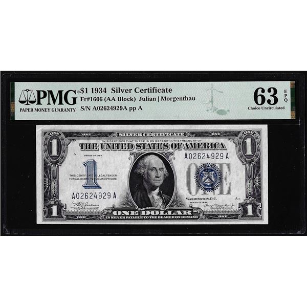 1934 $1 Silver Certificate Note Fr.1606 PMG Choice Uncirculated 63EPQ