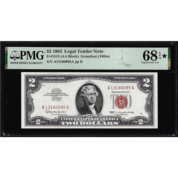 1963 $2 Legal Tender Note Fr.1513 PMG Superb Gem Uncirculated 68EPQ* Star