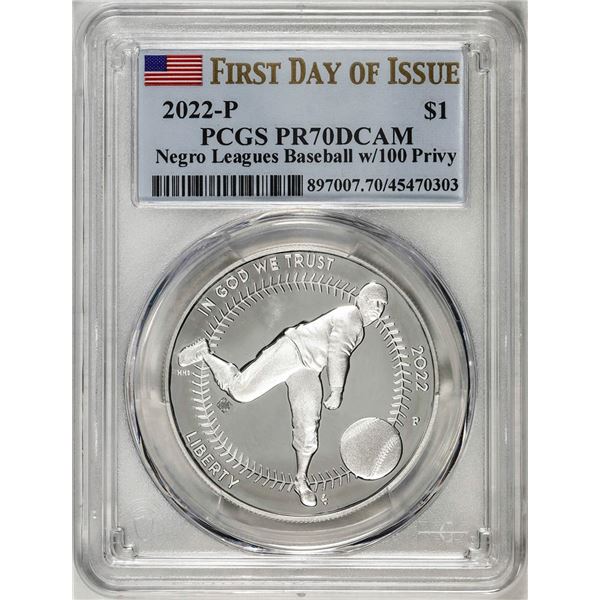 2022-P $1 Proof Negro Leagues Baseball Silver Dollar Coin PCGS PR70DCAM FDOI