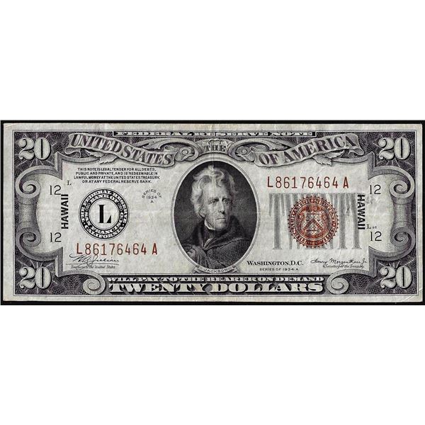 1934A $20 Hawaii WWII Emergency Issue Federal Reserve Note