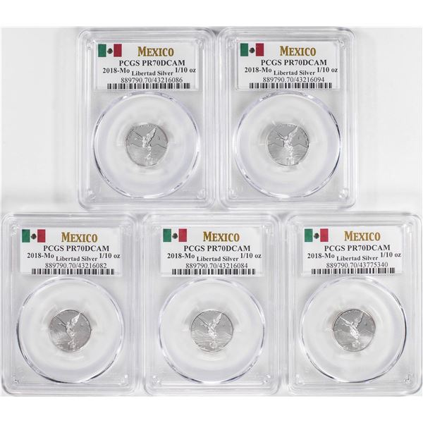 Lot of (5) 2018-Mo Mexico Proof 1/10 oz Silver Libertad Coins PCGS PR70DCAM