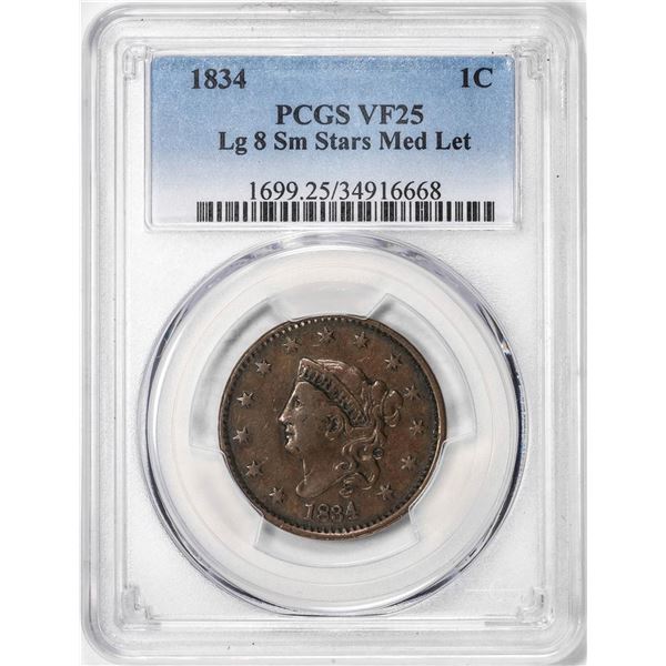 1834 Large 8 Small Stars Medium Letters Coronet Head Large Cent Coin PCGS VF25