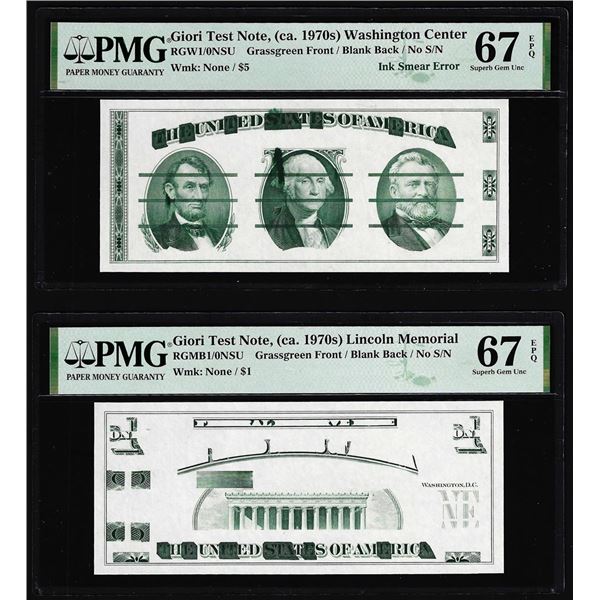 Set of Giori Test Note Washington & Lincoln Memorial PMG Superb Gem Unc 67EPQ