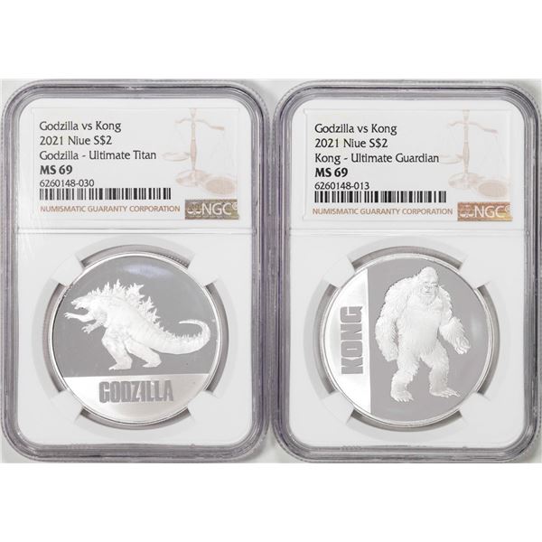 Set of 2021 Niue $2 Godzilla vs Kong Silver Coins NGC MS69