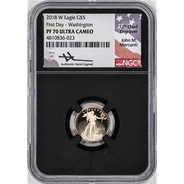 2018-W Proof $5 American Gold Eagle Coin NGC PF70 Ultra Cameo Mercanti Signed FD