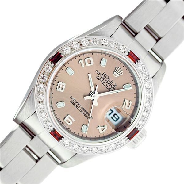 Rolex Ladies Stainless Steel Salmon Arabic Ruby and Diamond Datejust Wristwatch