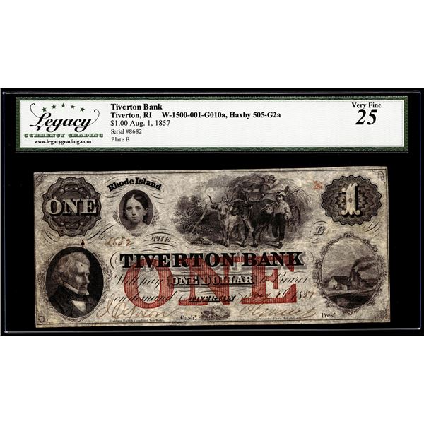 1857 $1 Tiverton Bank Tiverton, RI Obsolete Note Legacy Very Fine 25