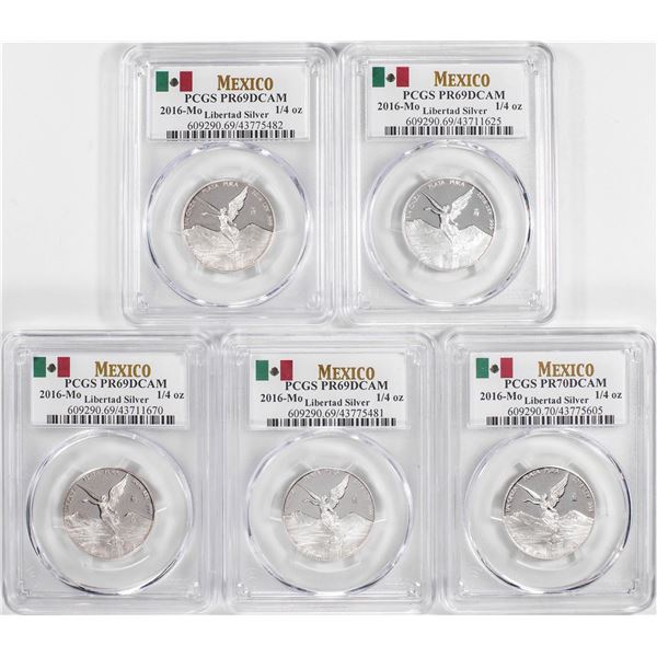 Lot of (5) 2016-Mo Mexico Proof 1/4 oz Silver Libertad Coins PCGS PR69DCAM