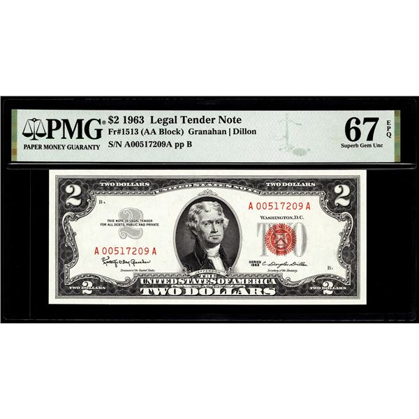 1963 $2 Legal Tender Note Fr.1513 PMG Superb Gem Uncirculated 67EPQ