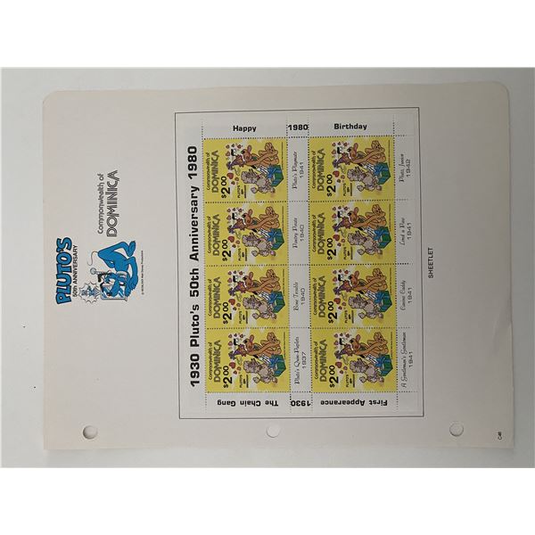 Walt Disney Pluto, Pluto's 50th Anniversary Stamp Sheet. Commonwealth of Dominica