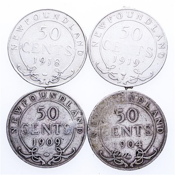 Group of 4 Canada, NFLD. Sterling Silver 50 Cents - 1904,1909,1911,1919