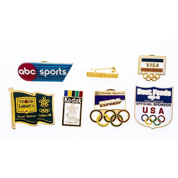 Grouping 7 Vintage Collector Pins - VISA, KODAK,BEST FOOD, LABATTS,ABC SPORTS,FEDEX,MEDIACOM.