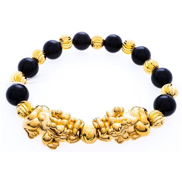 Black Onyx Bead & 24kt G.P.Engraved Bead Flex Bracelet w/ 2 x PIXIU - "Wealth"