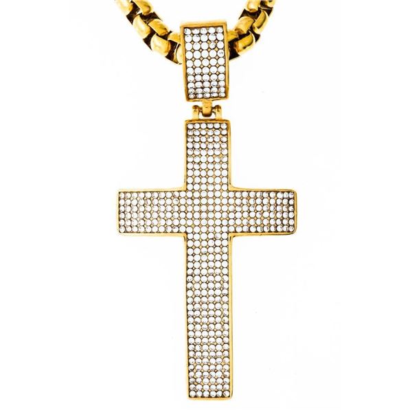 24kt G.P. Necklace, Tube Style Chain & Pave Set Cross Pendant