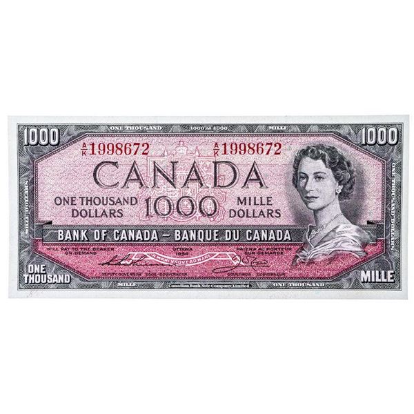 Bank of Canada 1954 $1000 -Thiessen - Crow (AK) Low Printing -240,000 Only  - Choice UNC .-Printing 