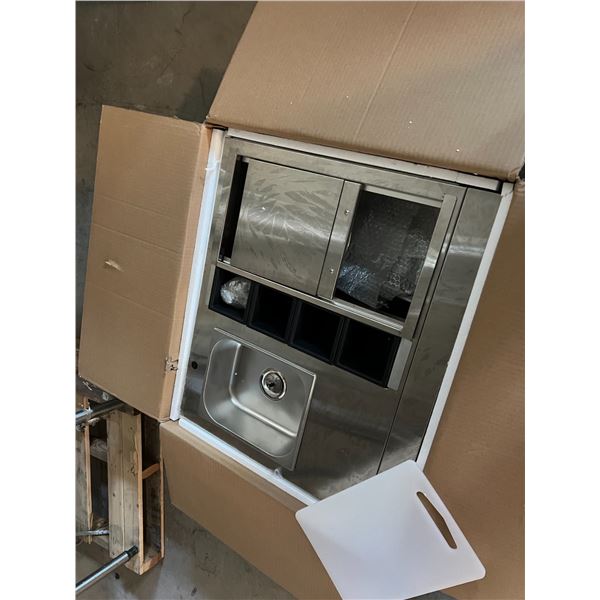 NEW IN-BOX STAINLESS PREP OR SERVING STATION COUNTERTOP MOUNTABLE. INC CUTTING BOARD ETC