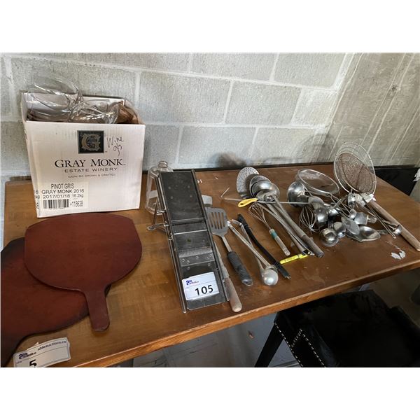 ASST COOKING ACCESSORIES. PIZZA PADDLES, MANDOLIN, SPATULAS, STRAINERS, WHISKS, SPOONS, WINE