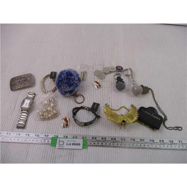 Belt Buckle, Watch, Keychains, and Costume Jewellery