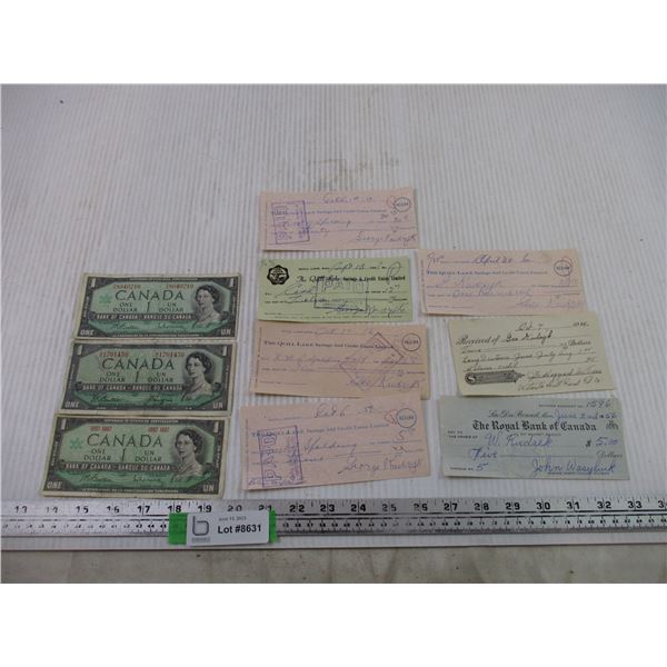 (3) Canadian one Dollar Bills (1954 and 2-1967) +(7) Check Slips