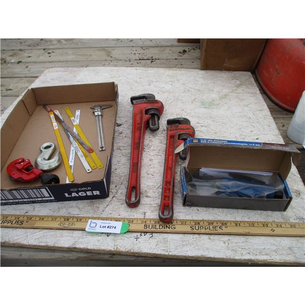 (2) Pipe Wrenchs, Pipe Cutters, Air Ratchet (1/4in), Misc.
