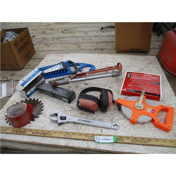 Tape Measure, Saw Blades, Hacksaw, Caulking gun, Crescent Wrench, 18Ga Brad Nails, Misc.