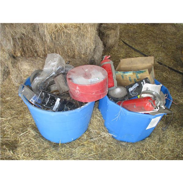 (2) Blue Feed Tubs, Implement Lights, Fire Extinguishers, Animal Trap, Misc. Contents