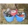 Image 1 : (2) Blue Feed Tubs, Implement Lights, Fire Extinguishers, Animal Trap, Misc. Contents