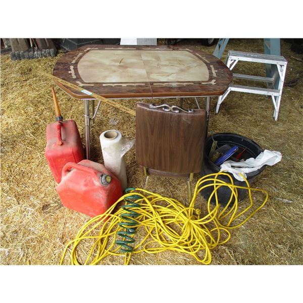 Table, Gas Cans, Extension Cord, Chair, Misc.