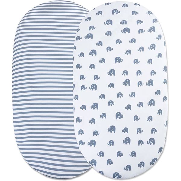 Lot of 2 Babekin Universal Bassinet Sheet Sets (2 Per Pack) - Elephant & Striped Design