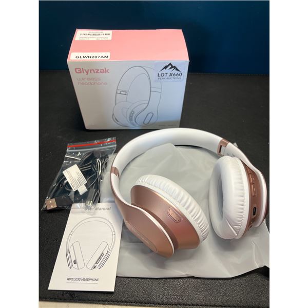 Lot of 1 Glynzak Wireless Bluetooth Over Ear Headphones - 65hr music/talk time! - Rose Gold