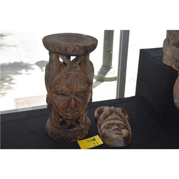 CARVED WOOD STOOL & MASK (2 PCS)