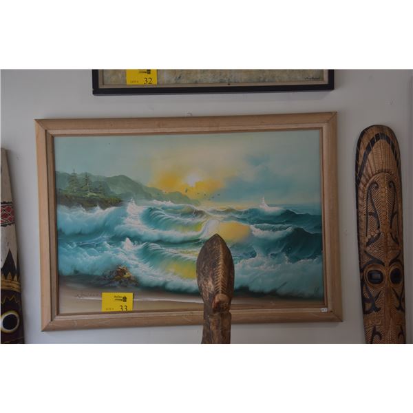 FRAMED OIL ON CANVAS, "SUNSET LIGHT ON WAVES"; NEWTON (40" X 28 1/4")