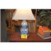 Image 1 : CHINESE GOURD SHAPED BLUE & WHITE VASE LAMPS W/STANDS, BUDDHIST SYMBOLS MOTIF (27") (PAIR)