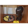 Image 1 : EBONY TRIBAL CARVING & CERAMIC PLATE; SIGNED