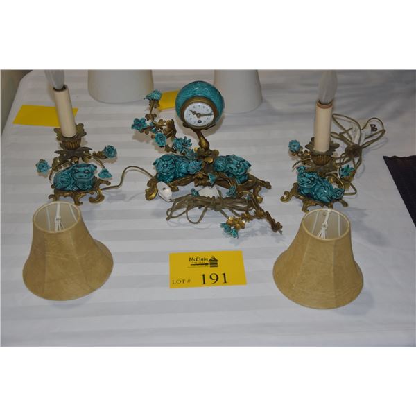 GILDED BRONZE & PORCELAIN CLOCK W/FOO DOGS & FLOWERS W/SMALL TABLE LAMPS (3 PCS)