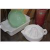 Image 2 : FIREKING DISHES, FRANCISANWARE VASE, MILK GLASS JUICER & POTTERY BOWL (5 PCS)