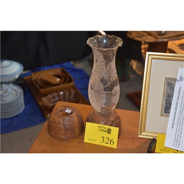 1930'S CARVED ANTHURIUM CANDLE HOLDERS, 1 W/ETCHED HURRICANE GLASS, KATHERINE REID FOR THE WOODROSE 