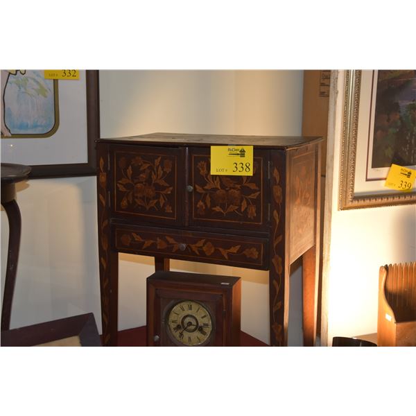 SIDE TABLE W/MARKETRY INLAY BIRD & FLOWERS, 2 DOORS, 1 DRAWER