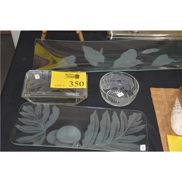 ETCHED GLASS TRAYS, COVERED BOX & BOWL (4 PCS)