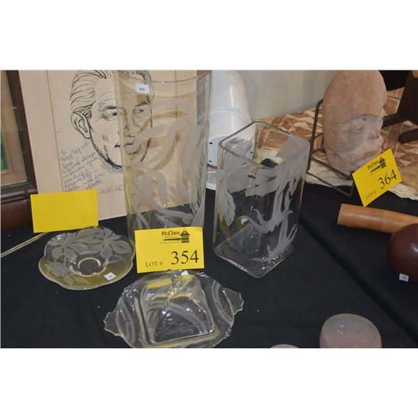 ETCHED GLASS VASES, COVERED DISH & PLATE (4 PCS)
