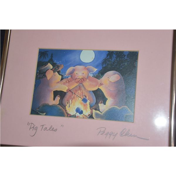 FRAMED ART PRINT, "PIG TALES"; SIGNED PEGGY CHUN (10 1/4" X 8 1/4")