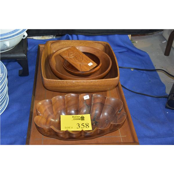 COLLECTION OF WOODEN BOWLS, TRAY, PLAQUE & COVER (6 PCS)