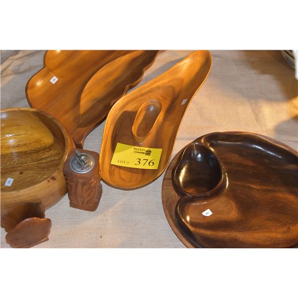 WOOD BOWLS, PLATTERS, CARVED LIGHTER & NAPKIN HOLDER (7 PCS)