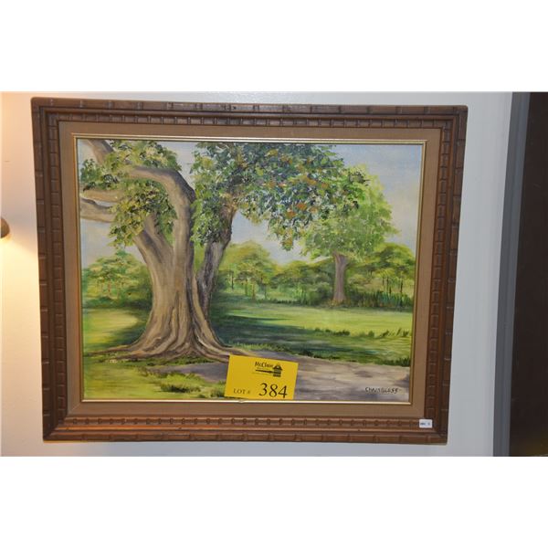 FRAMED OIL ON BOARD, TREE & GARDEN; SIGNED CHAMBLESS (24" X 20")
