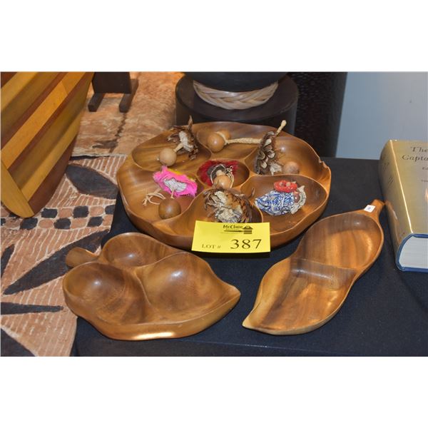 MONKEYPOD SECTIONED LAZY SUSAN & LEAF SHAPED SECTIONAL BOWLS & MINI IPU'S & DOLL (10 PCS)