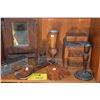 Image 1 : MIXED LOT: WOODEN MIRROR, SALAD SERVERS, CANDLE HOLDERS & BOXES (11 PCS)