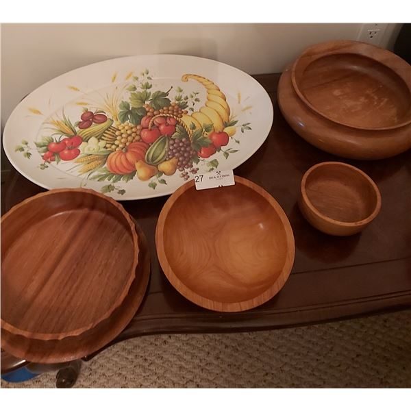 Assortment Of Wood Serving Bowls With Plastic Serving Tray