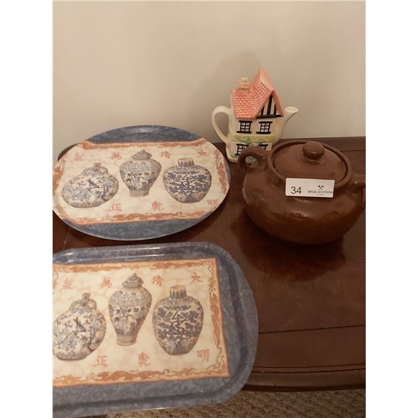 Adorable Teapot With Two Plastic Serving Trays And Bean Pot