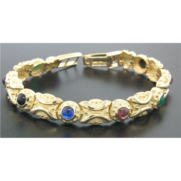 NEW 14K Yellow Gold 7" Onyx Green Agate Amethyst Garnet Textured Tennis Bracelet